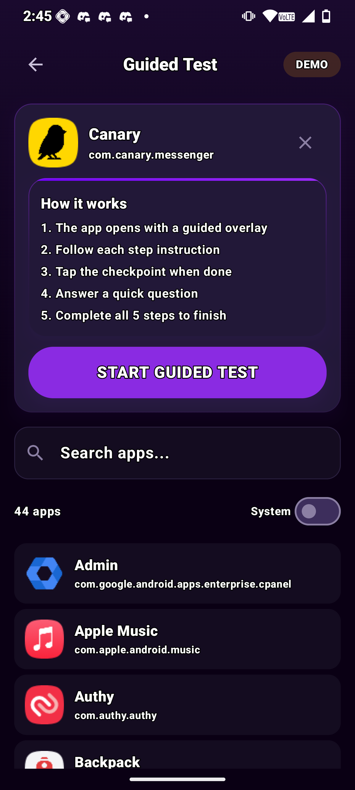 Guided test setup